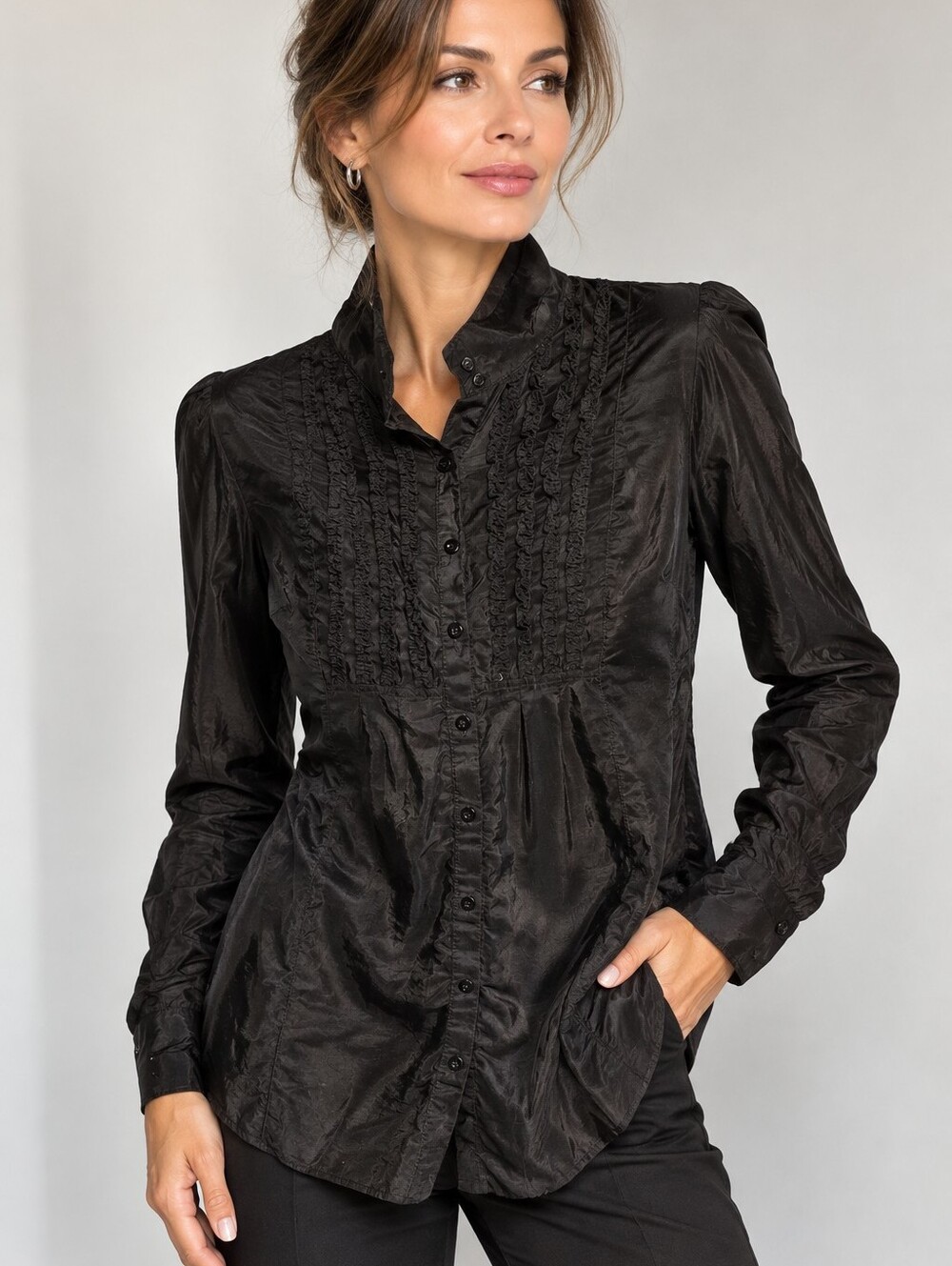 La Basic Black Ruffle Front Button Down Blouse Size 40